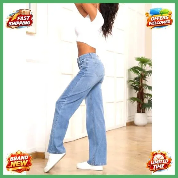 High Waisted Wide Leg Jeans Stretchy Straight Fit Denim Pants